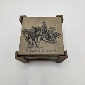 Montana Western Coasters Set of 4 Cowboy Horse Rustic Lodge Decor Wood Holder